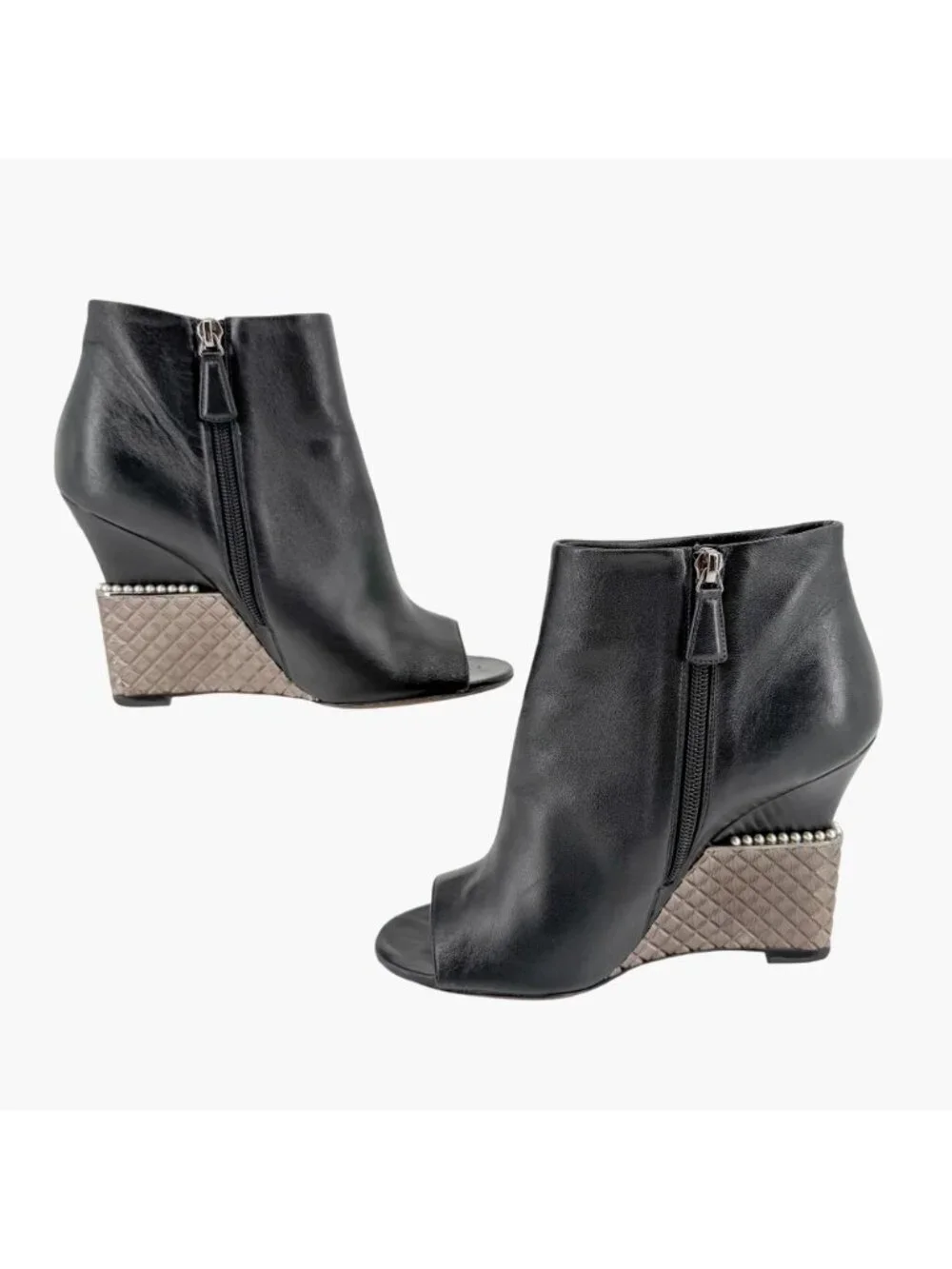 Chanel CC Pearl Quilted Wedge Ankle Booties Black Leather Size 39 US 8-8.5